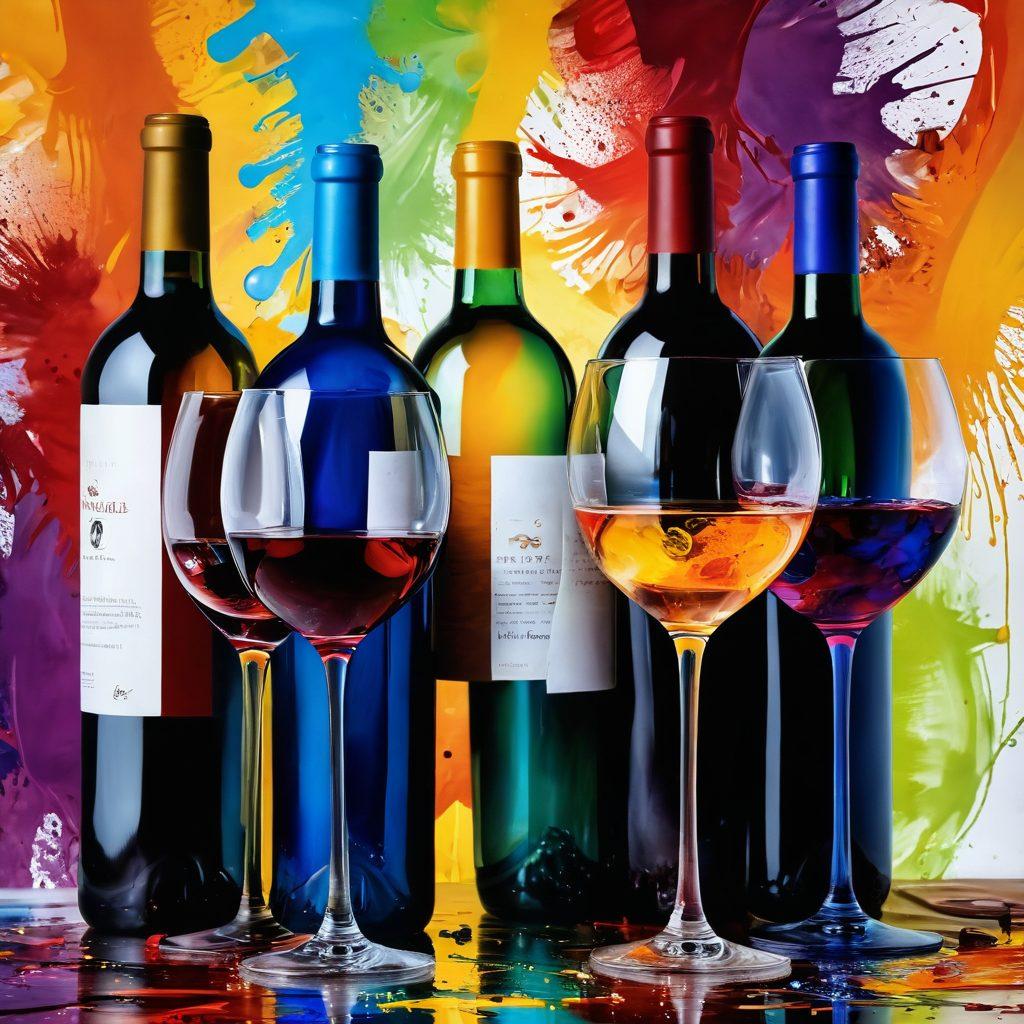 A beautifully arranged wine-themed still life featuring colorful wine bottles and glasses artistically displayed among vibrant splashes of paint and artistic brushes, reflecting the fusion of wine culture and creativity. The background shows abstract swirls of color, creating a lively contrast with the elegance of the wine. super-realistic. vibrant colors. painterly style.