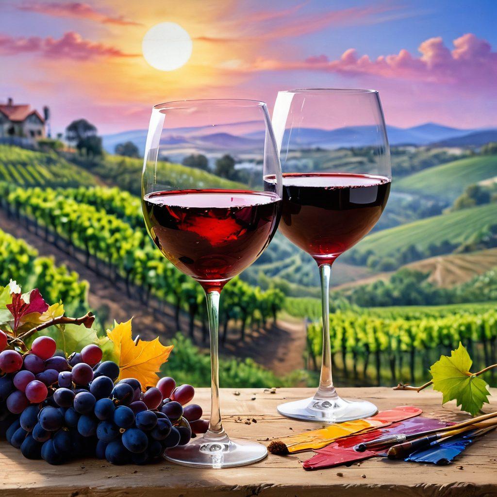 A beautiful wine glass filled with a deep red wine, set against a canvas splashed with vibrant paint strokes and artistic tools like brushes and palettes scattered around. In the background, an artist passionately painting a vineyard scene, evoking the harmony of wine and visual arts. The atmosphere is warm and inviting, suggesting a celebration of creativity and flavor. super-realistic. vibrant colors. soft focus.