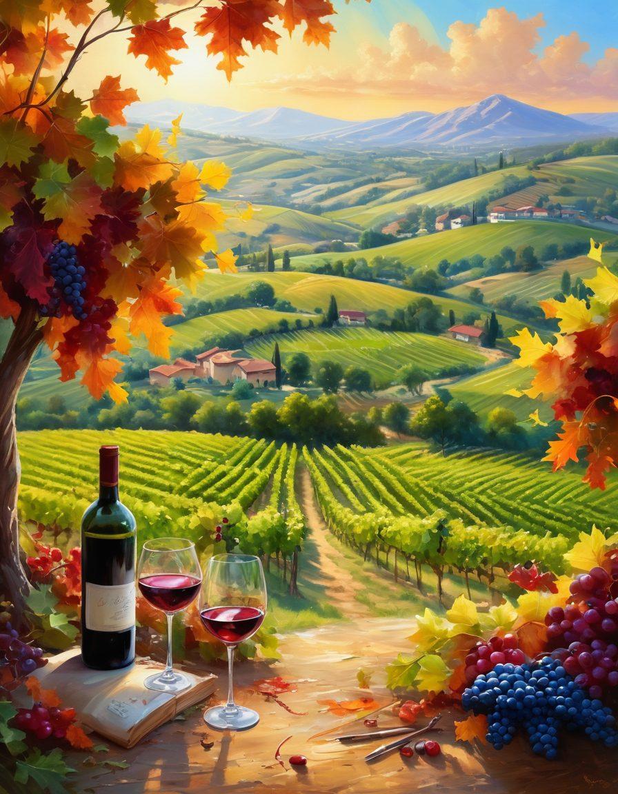 A picturesque vineyard landscape blending seamlessly into a vibrant artist's canvas, showcasing a glass of fine wine next to paintbrushes and splashes of color. The scene should capture the essence of both winemaking and artistic expression, with rolling hills of grapes and painted swirls that mimic the movement of wine. Sunlight should filter through the leaves, creating a warm and inviting atmosphere. super-realistic. vibrant colors. 3D.